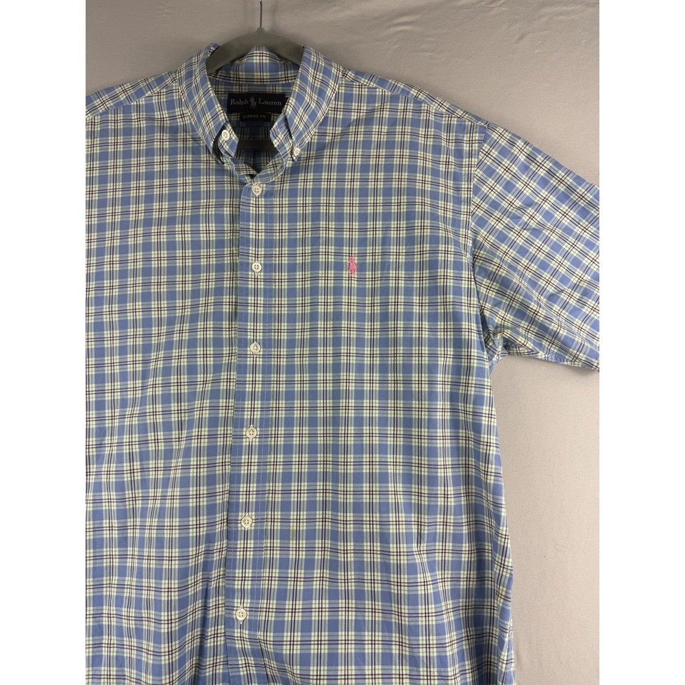 Ralph Lauren classic fit blue green plaid ss button up shirt, men's large